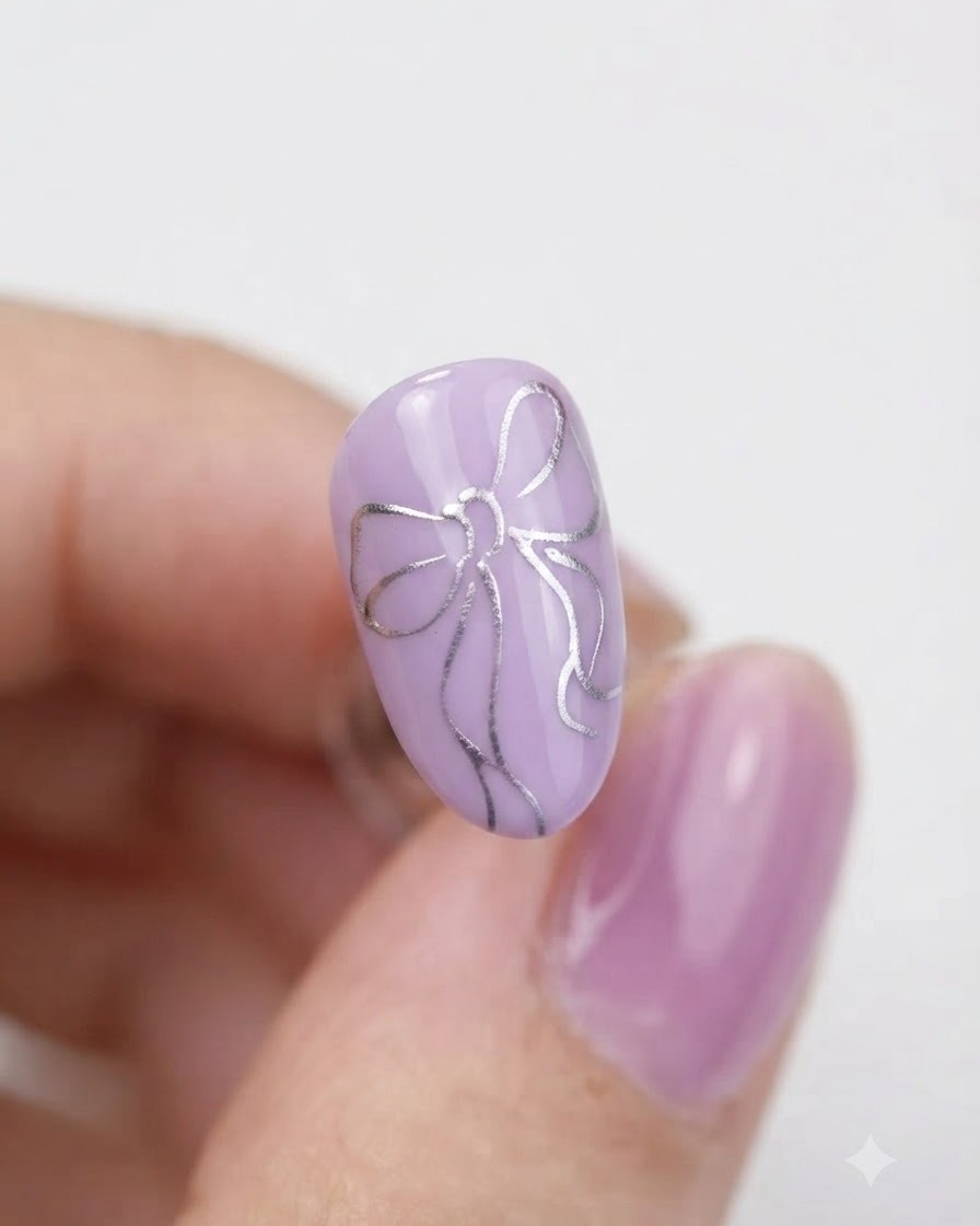 Vue rapprochée dun contour de nœud argenté achevé et catalysé sur un ongle violet clair.