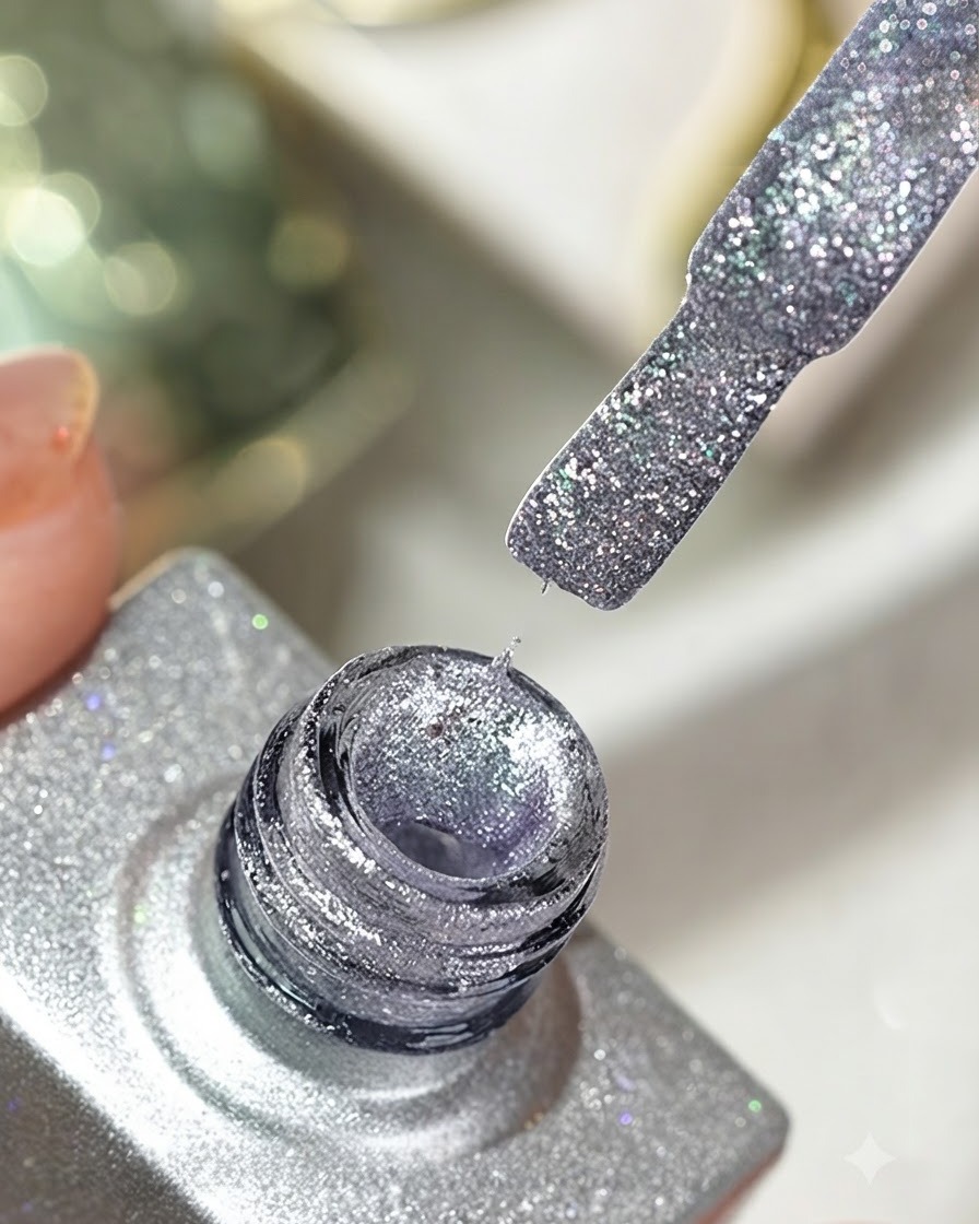 Un pinceau fin pour nail art prélevant du gel diamant concassé argenté à louverture dun flacon, prêt pour une application détailléecite: 1.