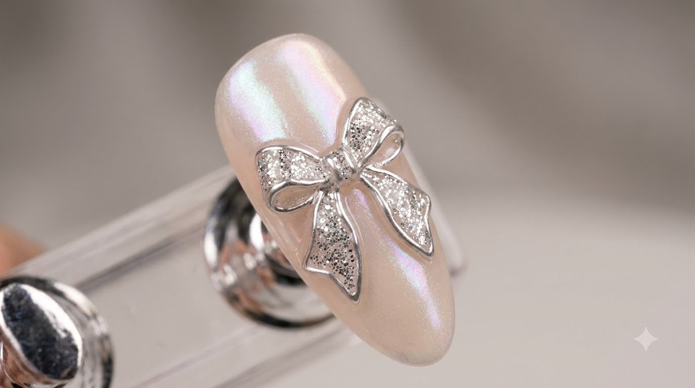 Ongles Nude Chrome et Nœud Papillon en Paillettes Argentées — Tutoriel Étape par Étape