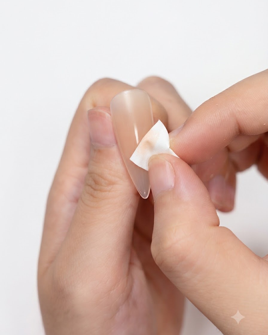 Une main appliquant ou essuyant un adhésif nude près de la zone des cuticules sur une capsule dongle.