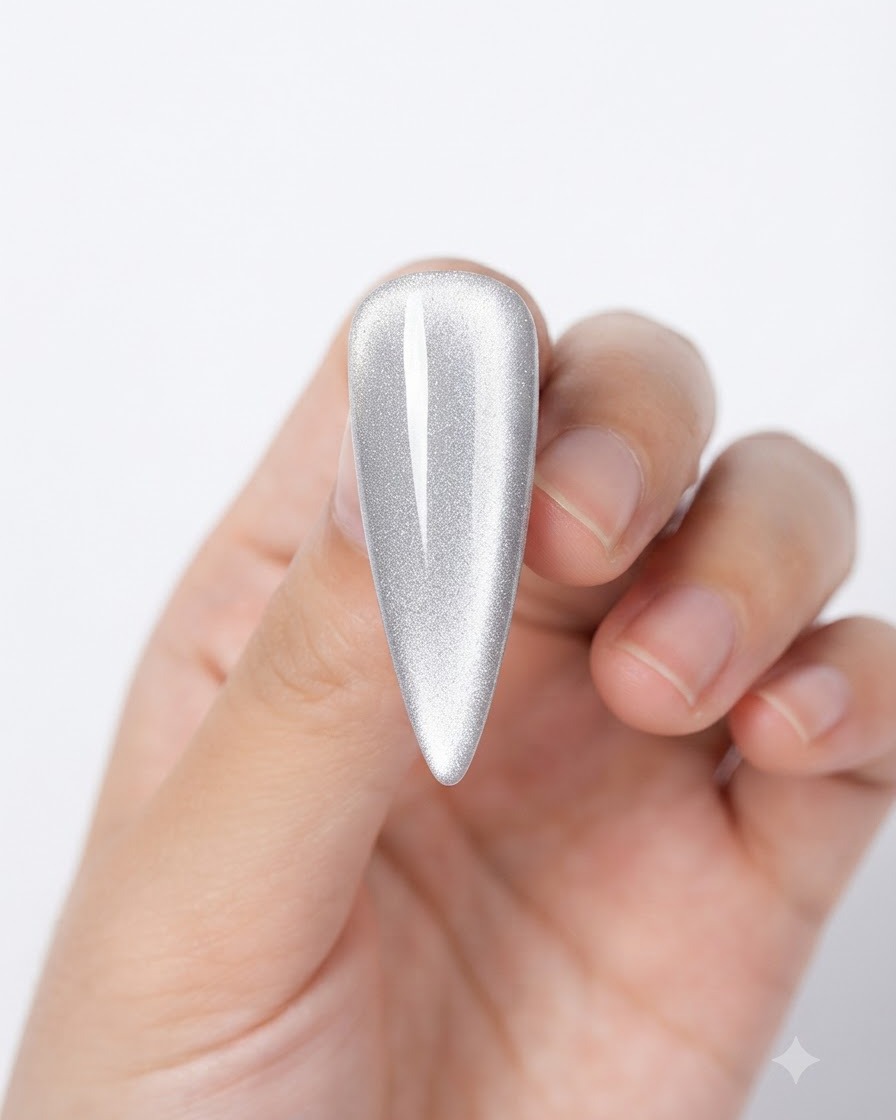 Gros plan dun ongle avec du vernis cat-eye argenté montrant un large reflet créé avec un aimant.