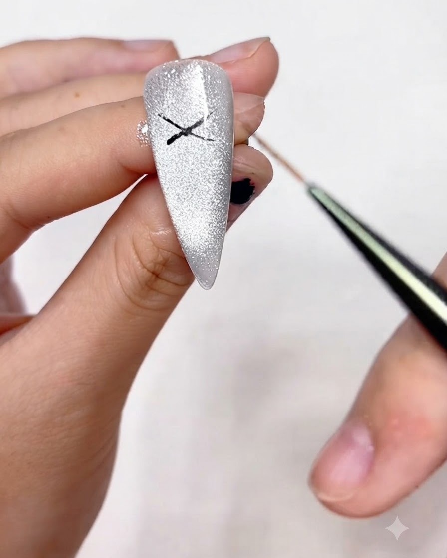 Un pinceau liner fin reliant les extrémités du X précédemment tracé pour créer les boucles dun nœud sur un ongle scintillant.