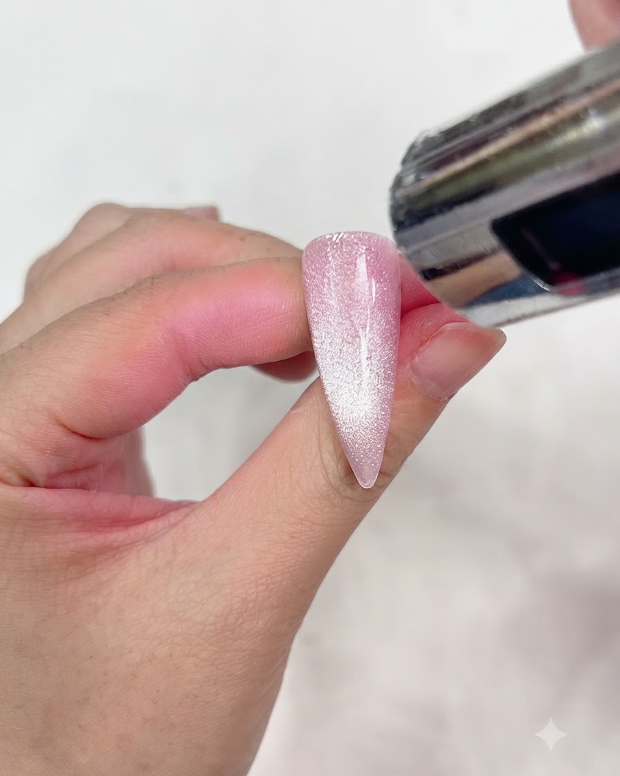 Une petite lampe UV portable catalysant un dessin de nœud noir fraîchement peint sur un ongle cat-eye argenté rosé.