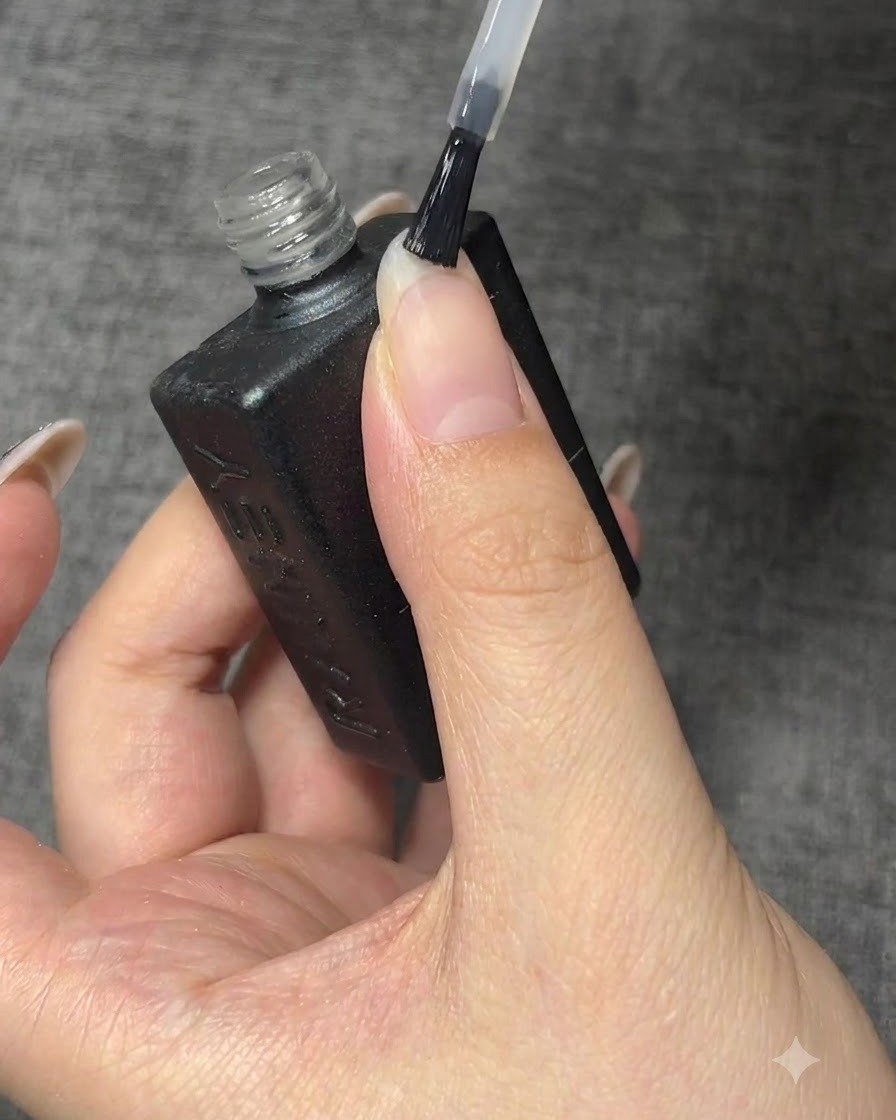 Un pinceau de flacon appliquant une base transparente sur un ongle naturel propre.