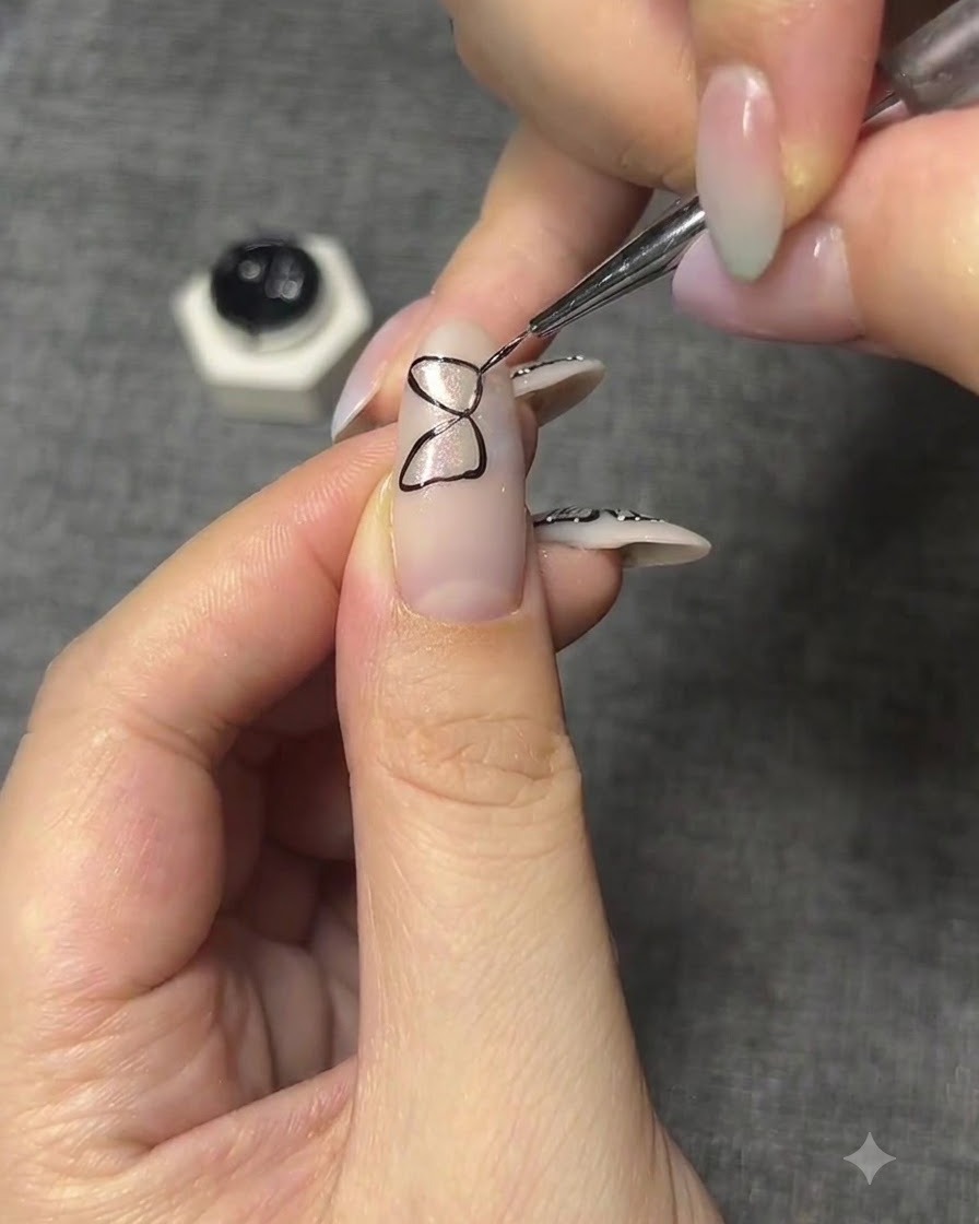Un ongle présentant un contour géométrique noir complet dune structure daile de papillon.