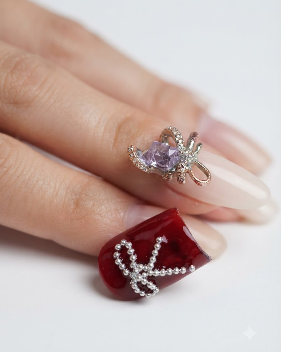 Vue rapprochée dun ongle rouge avec un nœud en billes dacier partiellement formé en cours dajustement pour la symétrie.