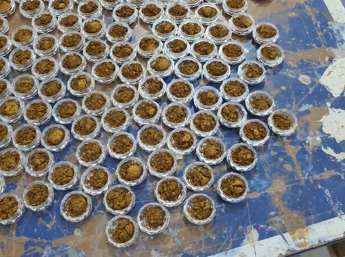 Une vue à plat de nombreux petits pots cosmétiques transparents disposés soigneusement sur une surface de travail bleue.