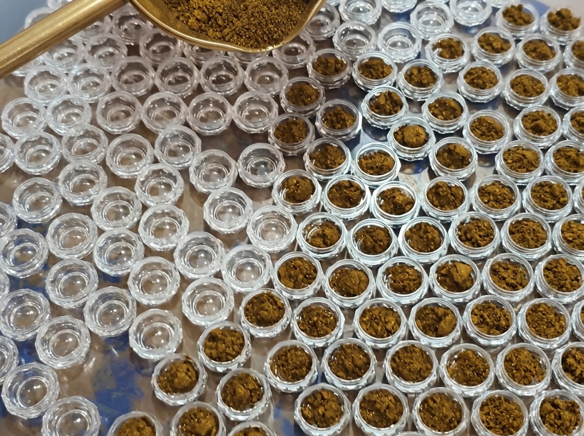 Un gros plan dun petit outil applicateur plongeant dans un grand contenant ouvert rempli de poudre effet miroir bronze libre.