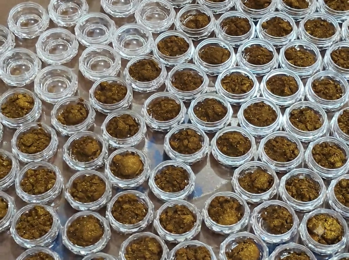 Une vue aérienne montrant un groupe croissant de pots transparents partiellement et totalement remplis de poudre effet miroir bronze.