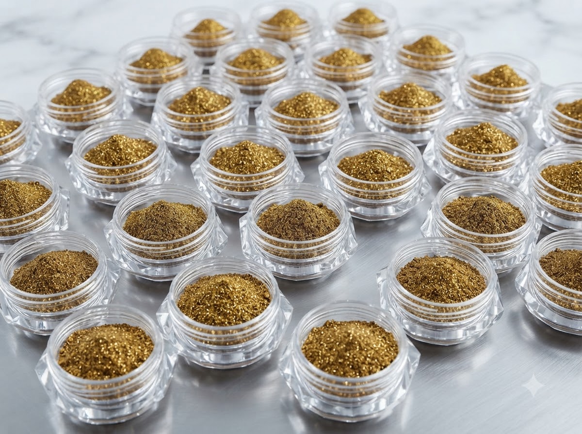 Un gros plan dun outil prélevant une nouvelle portion de poudre effet miroir bronze dans un grand contenant en vrac.