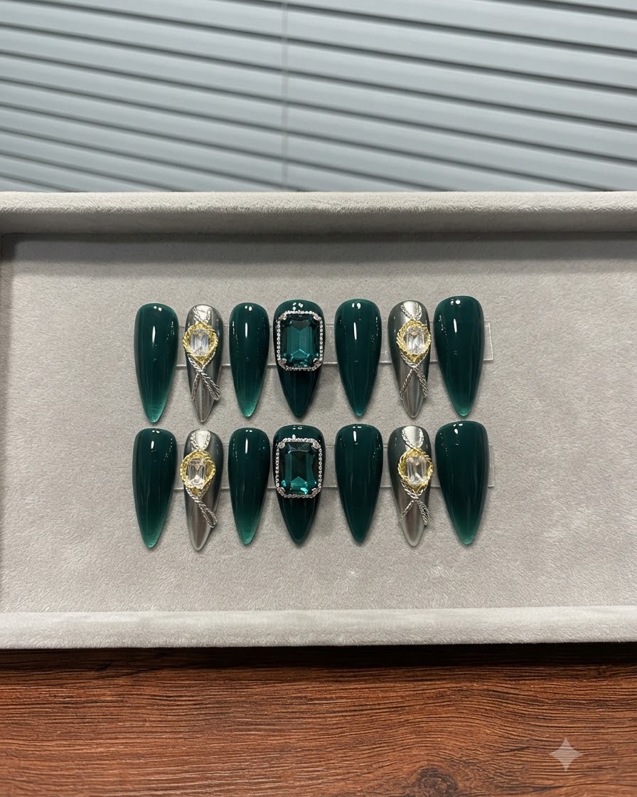 Une photo rapprochée présentant la colonne droite du kit de faux-ongles vert émeraude avec de grandes pierres émeraude et des bordures en strass.