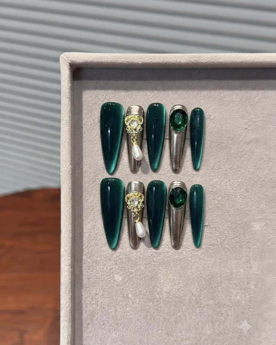 Une vue rapprochée de faux-ongles présentant un cadre doré ouvragé, des cristaux étincelants et une perle suspendue en embellissement.