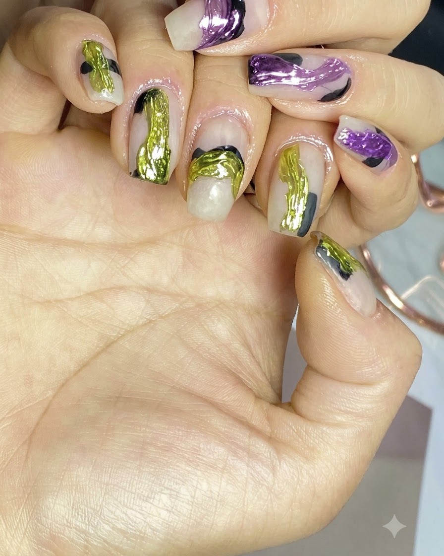 Ongles avec base nude translucide en train de catalyser sous une lampe à ongles.