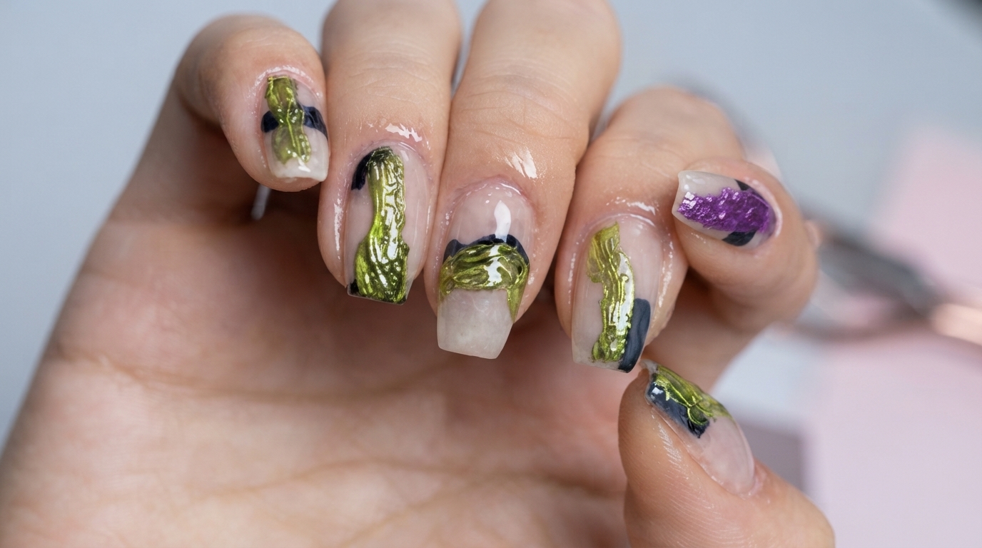 Ongles Abstraits Contrastants Vert Néon et Violet — Tutoriel Pas à Pas