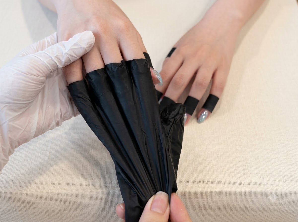 Une main gantée de blanc retirant des protège-doigts noirs pour exposer des ongles en gel chrome menthe.