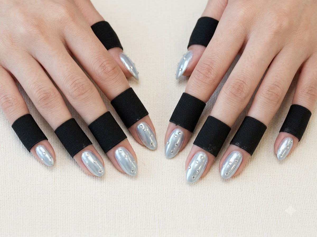 Mains légèrement inclinées sous une lumière vive mettant en valeur les détails de perles sur des ongles chrome vert clair brillants.