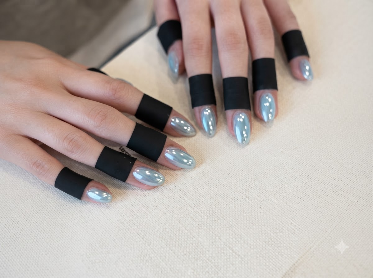 Mains maintenues stables sur une surface texturée présentant des ongles chrome menthe en forme damande uniformes.