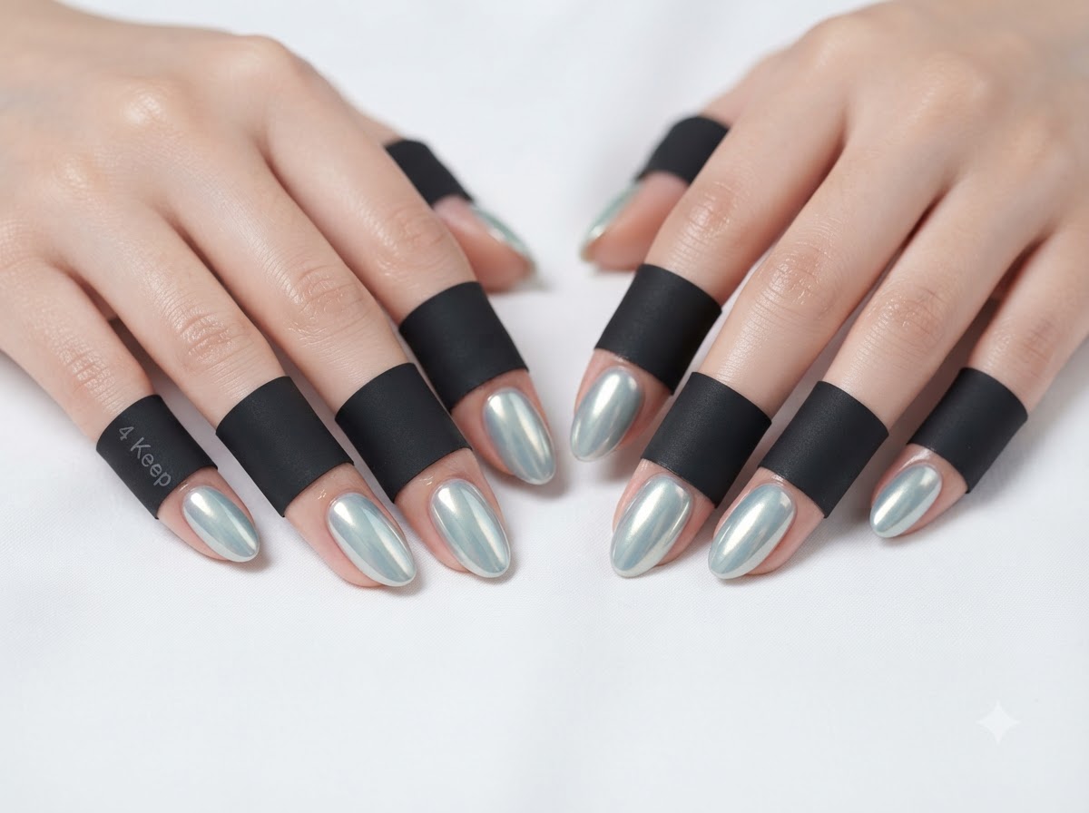 Gros plan se concentrant sur les embellissements en perles de la main gauche et léclat du vernis chrome menthe.