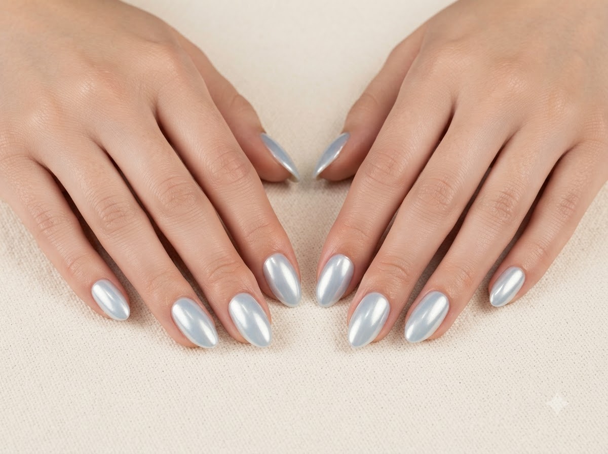 Gros plan de la main droite posée sur une surface, affichant la forme et la texture lisse des ongles manucurés.