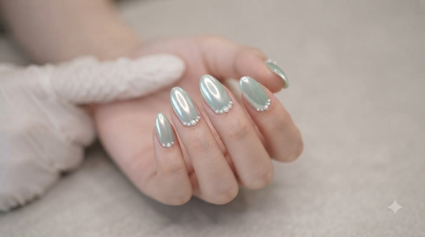 Ongles Gel Aurore Mint Mambo avec Détails de Perles