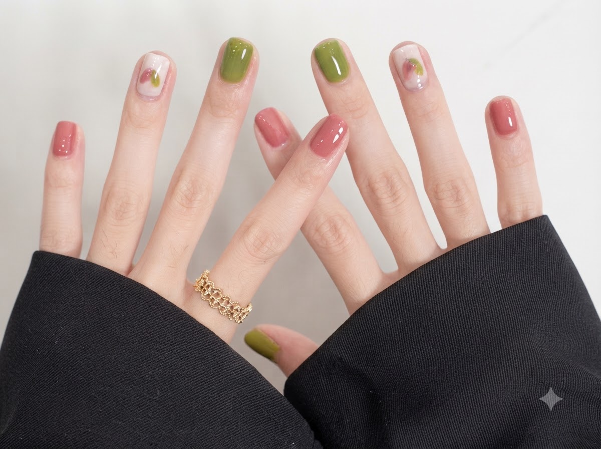 Une vue rapprochée dongles courts et arrondis stylisés avec un vernis gel brillant en alternance vert sauge et rose tendre.