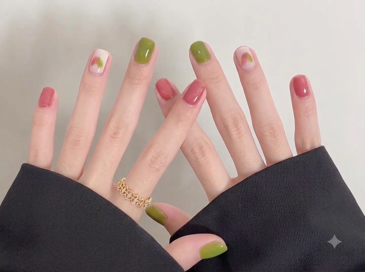 Les deux mains croisées lune sur lautre, affichant une finition lisse et brillante sur les ongles aux blocs de couleurs vert et rose.