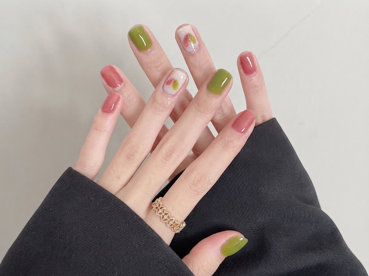Un plan rapproché de mains aux ongles courts carrés arborant un vernis gel vert et rose et une bague dorée délicate.