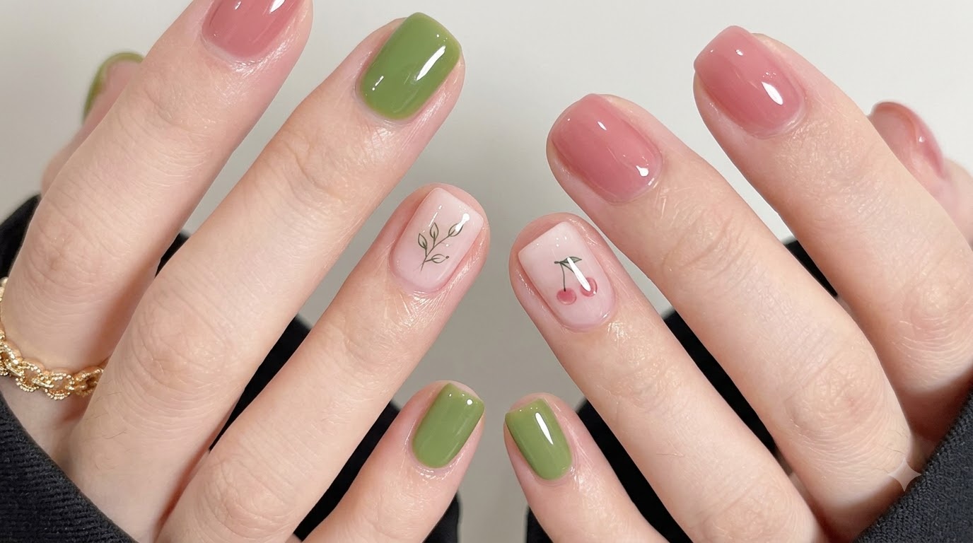 Ongles Courts et Doodle Verts et Roses — Tutoriel Étape par Étape