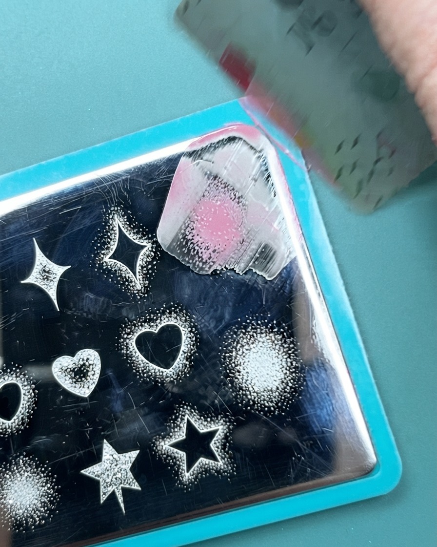 Un tampon dongle en silicone pressant un motif de points en dégradé rose sur un ongle peint en vert néon.