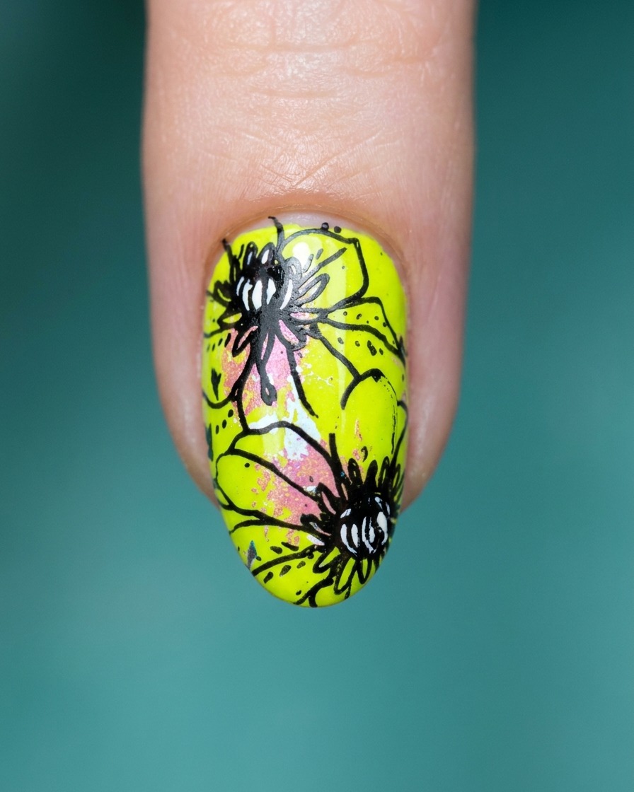 Un pinceau de top coat transparent glissant sur le design de nail art vert néon et floral terminé.