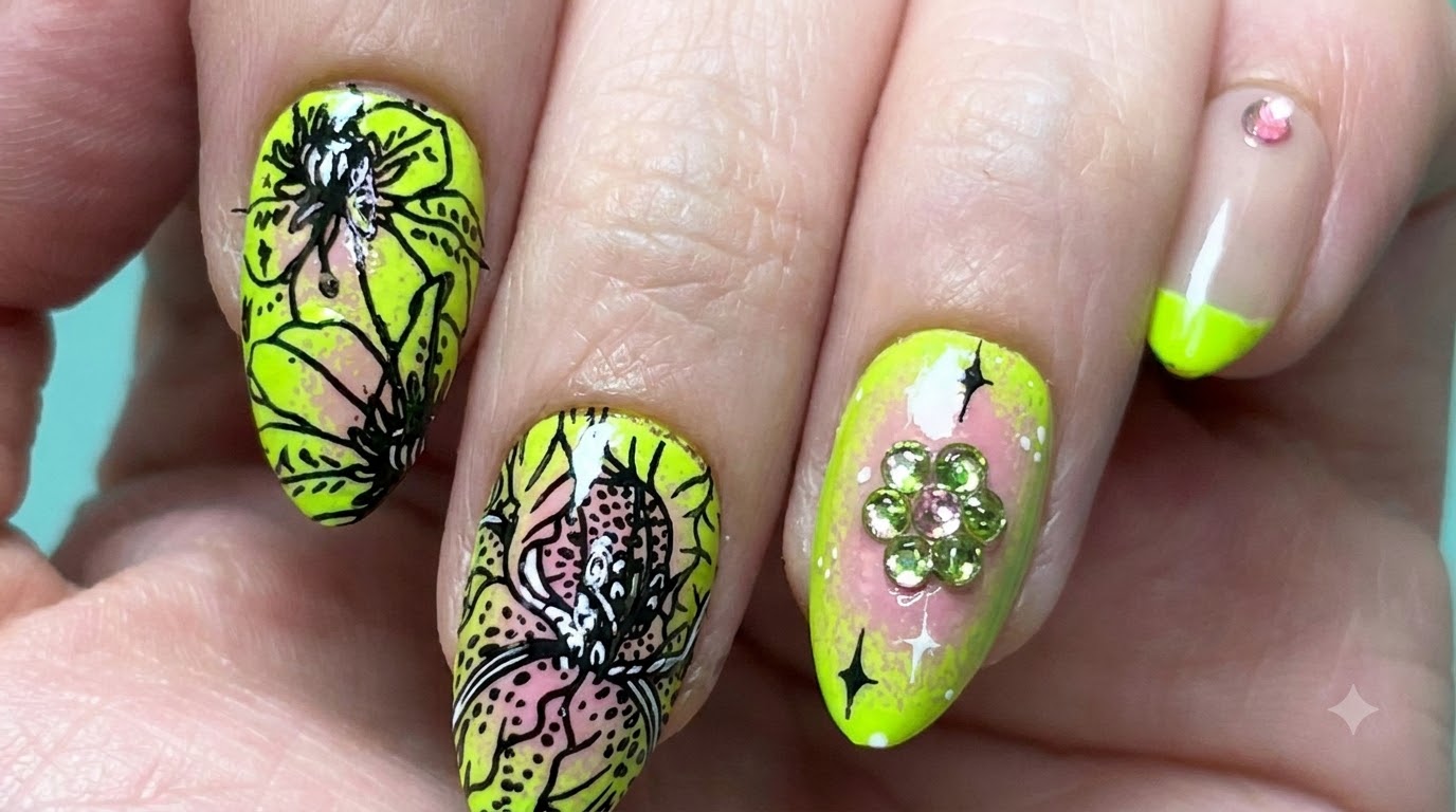 Tutoriel Nail Art Floral Ombré Vert Néon & Rose