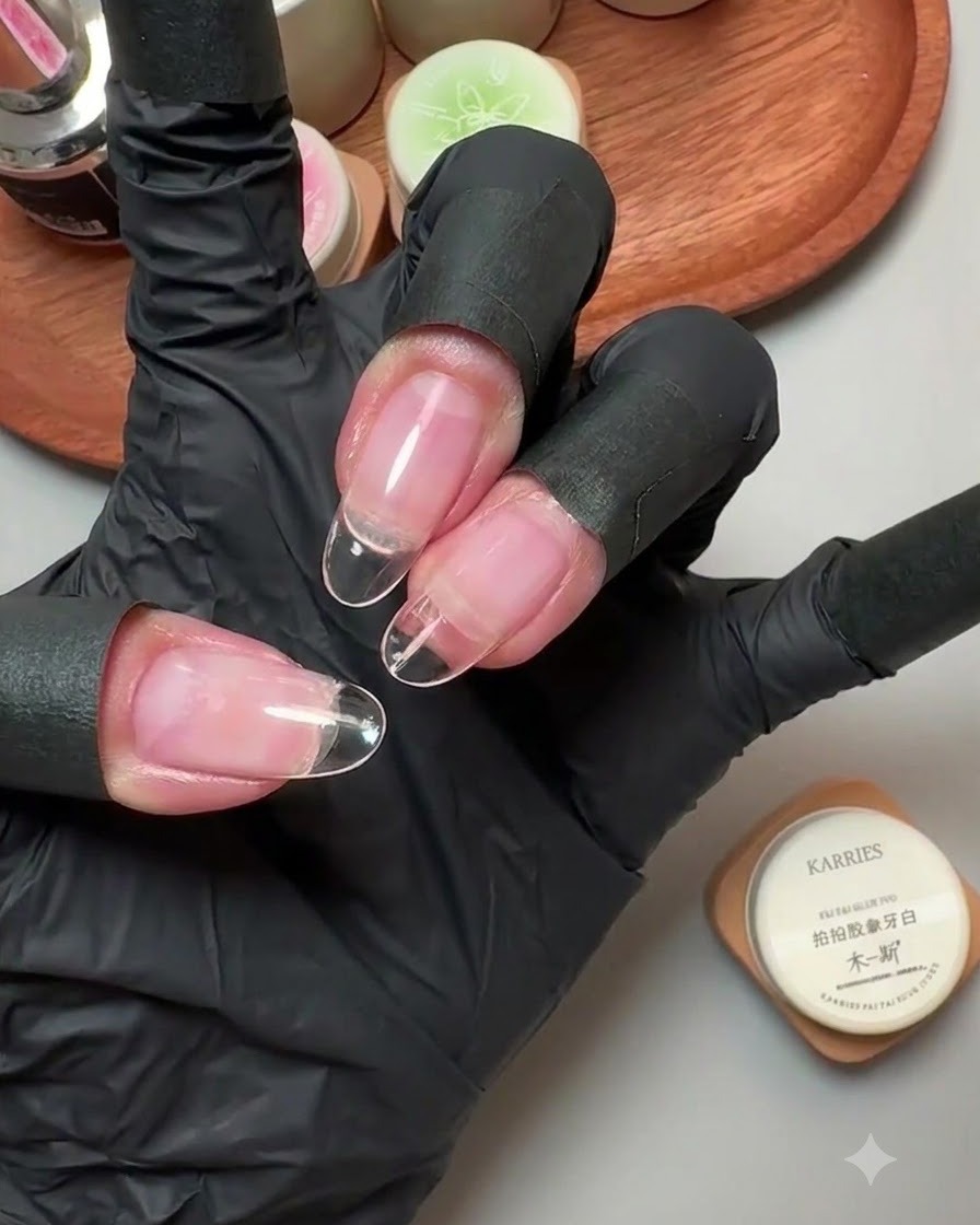 Une main gantée tenant un pot de gel solide ivoire, montrant de faux ongles transparents fixés avec des lignes de transition.