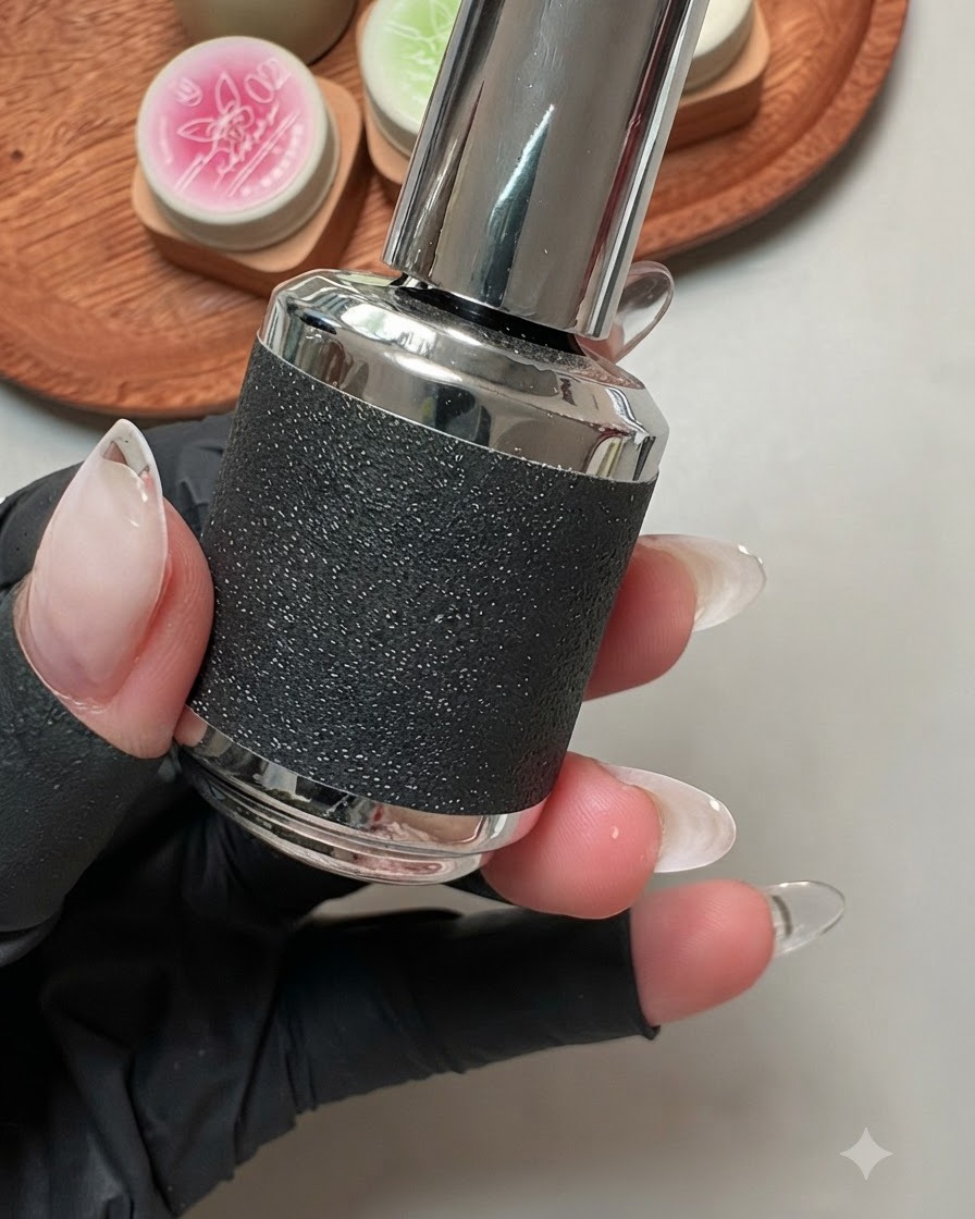Gros plan dune main tenant un flacon de vernis gel cat-eye à paillettes épaisses.