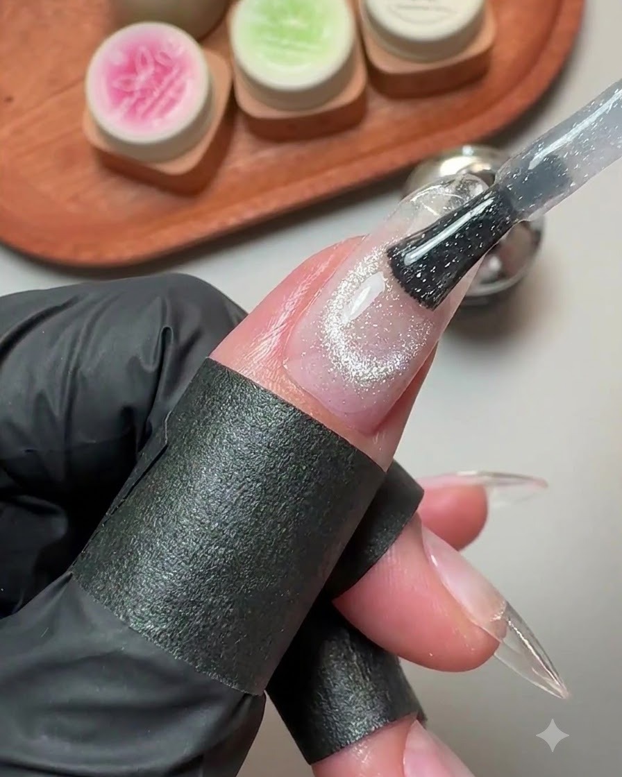 Un pinceau appliquant du gel cat-eye à paillettes argentées sur une plaque dongle rallongée.