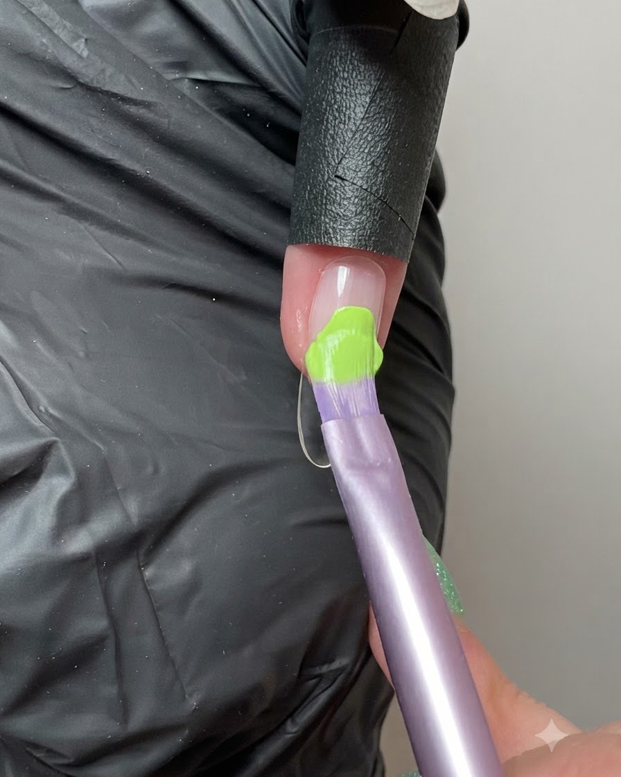Un pinceau appliquant du gel solide vert fluorescent vibrant sur longle dun index.