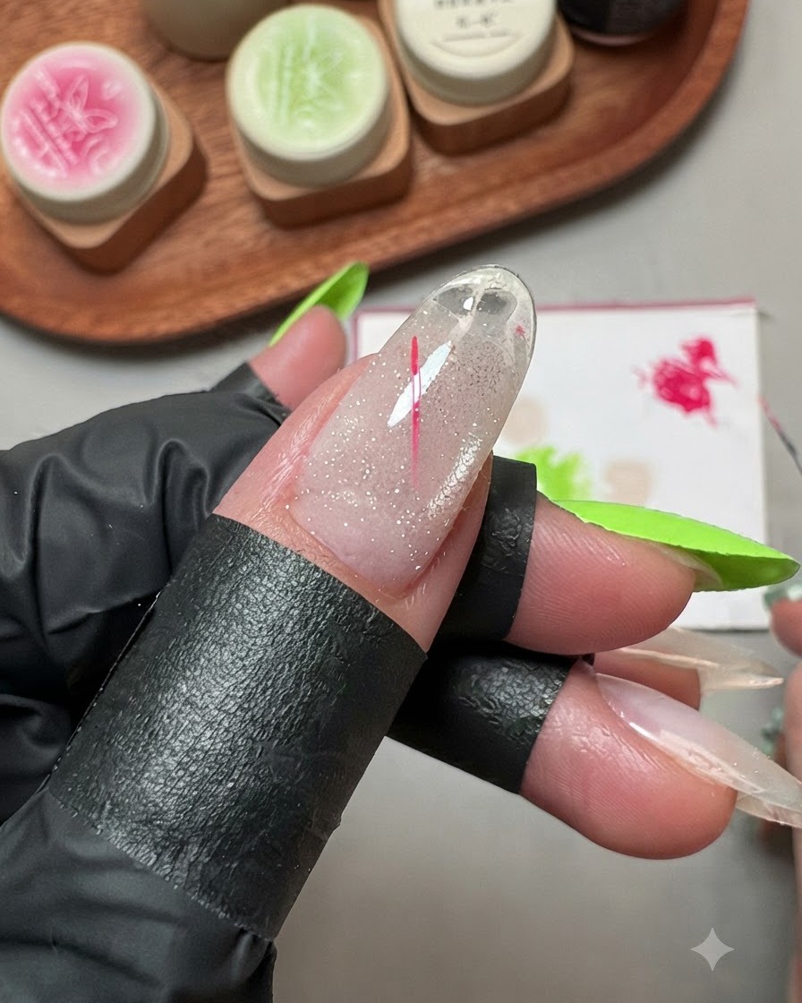 Un pinceau liner fin dessinant une ligne rose fine pour former une étoile sur longle du pouce.