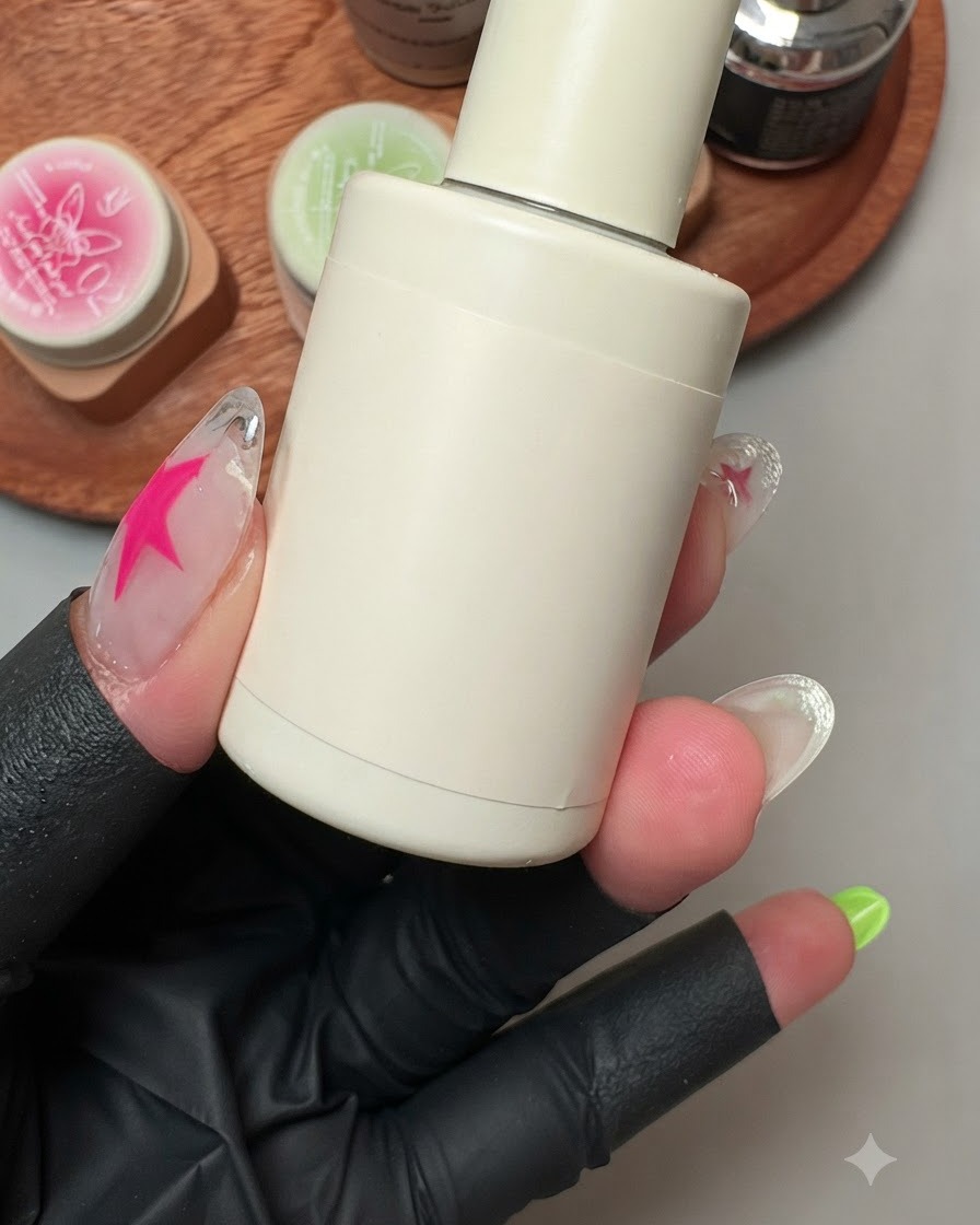 Un flacon de gel de construction white moon tenu près des ongles décorés pendant lapplication.