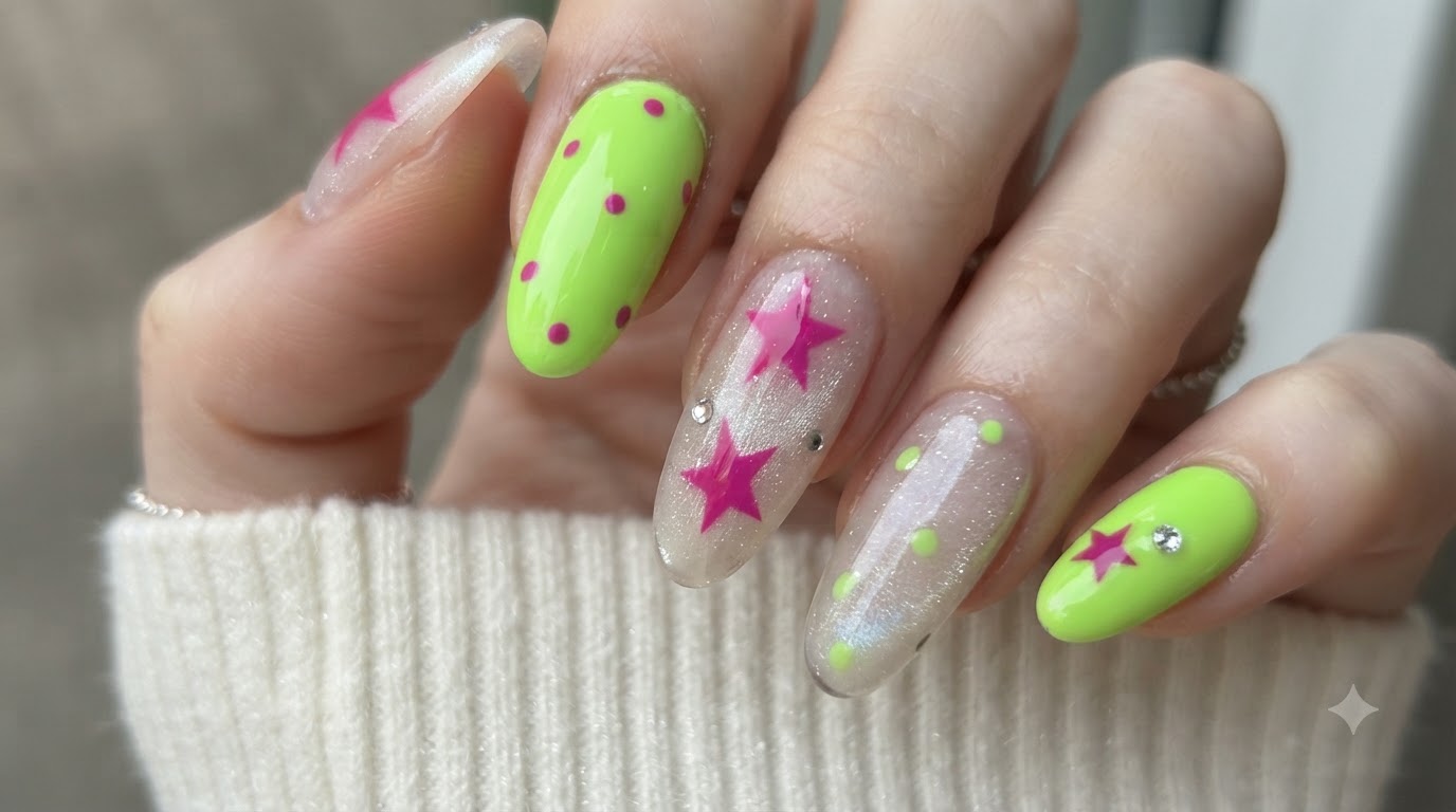 Gros plan dun nail art Y2K contrasté à étoiles magenta et vert fluorescent sur des ongles amande longs.