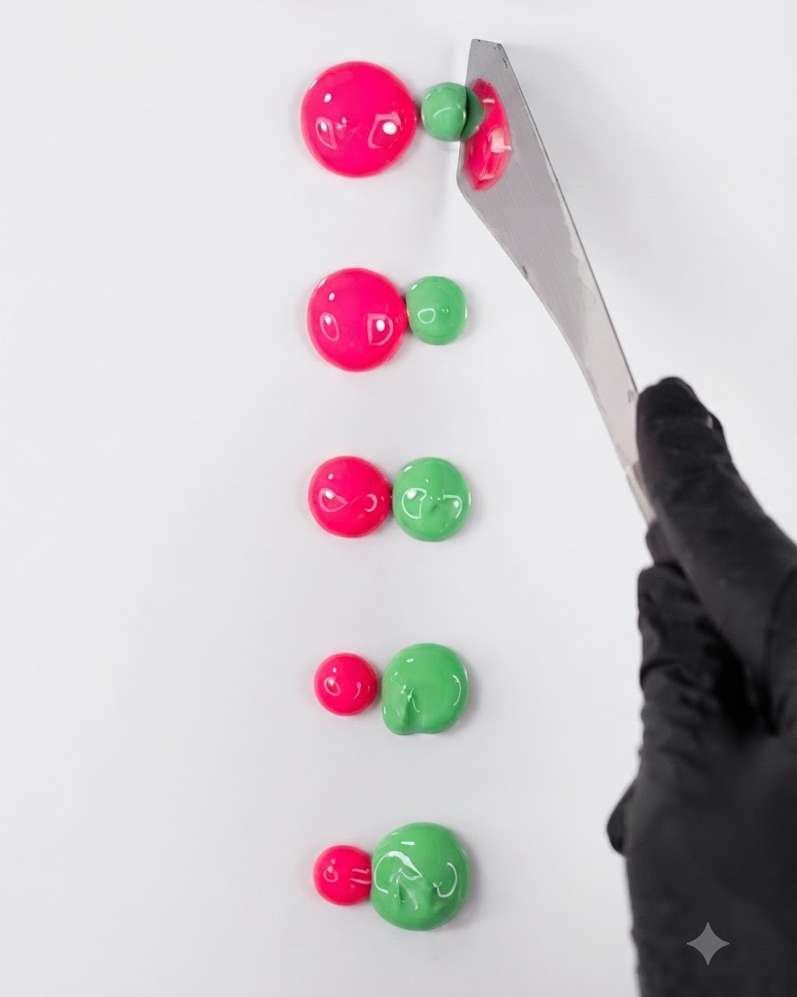 Une spatule en metal etalant une noisette de vernis semi-permanent rose neon horizontalement sur une surface de palette blanche.