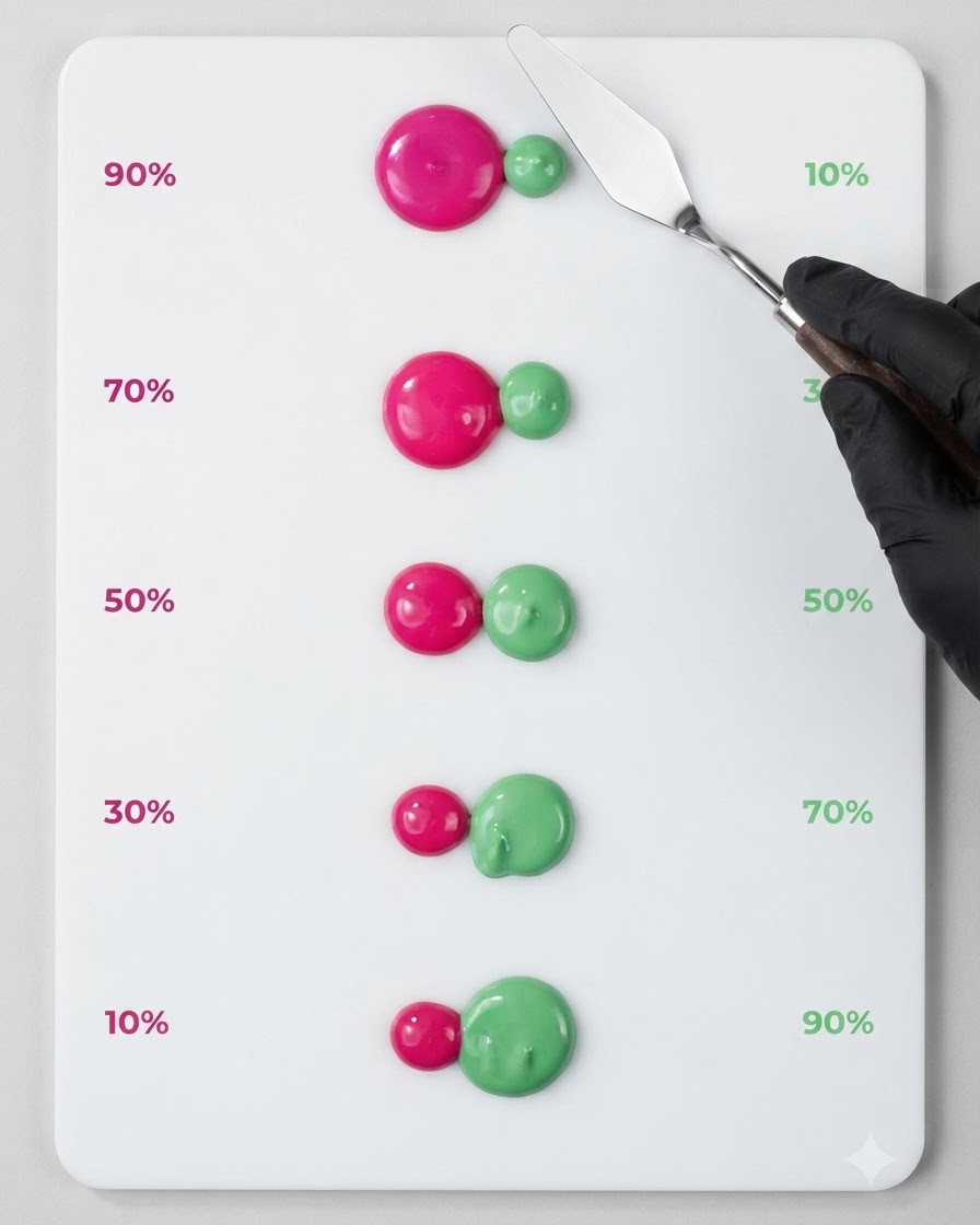 Une spatule en metal tirant une petite trace de vernis rose neon vers le bas en direction dun point vert sage.