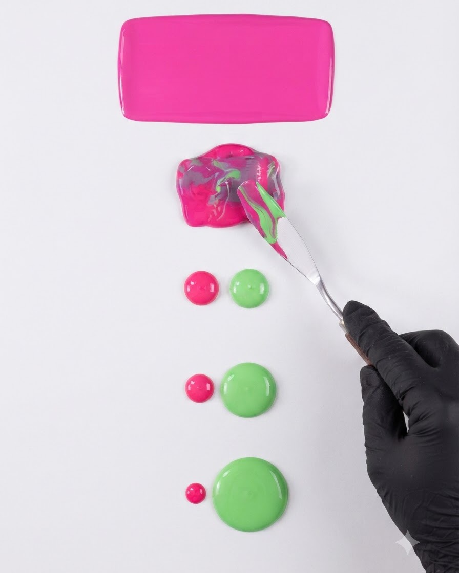 Une main gants noirs utilisant une spatule en metal pour melanger du gel rose neon et vert sage sur une surface de palette blanche.