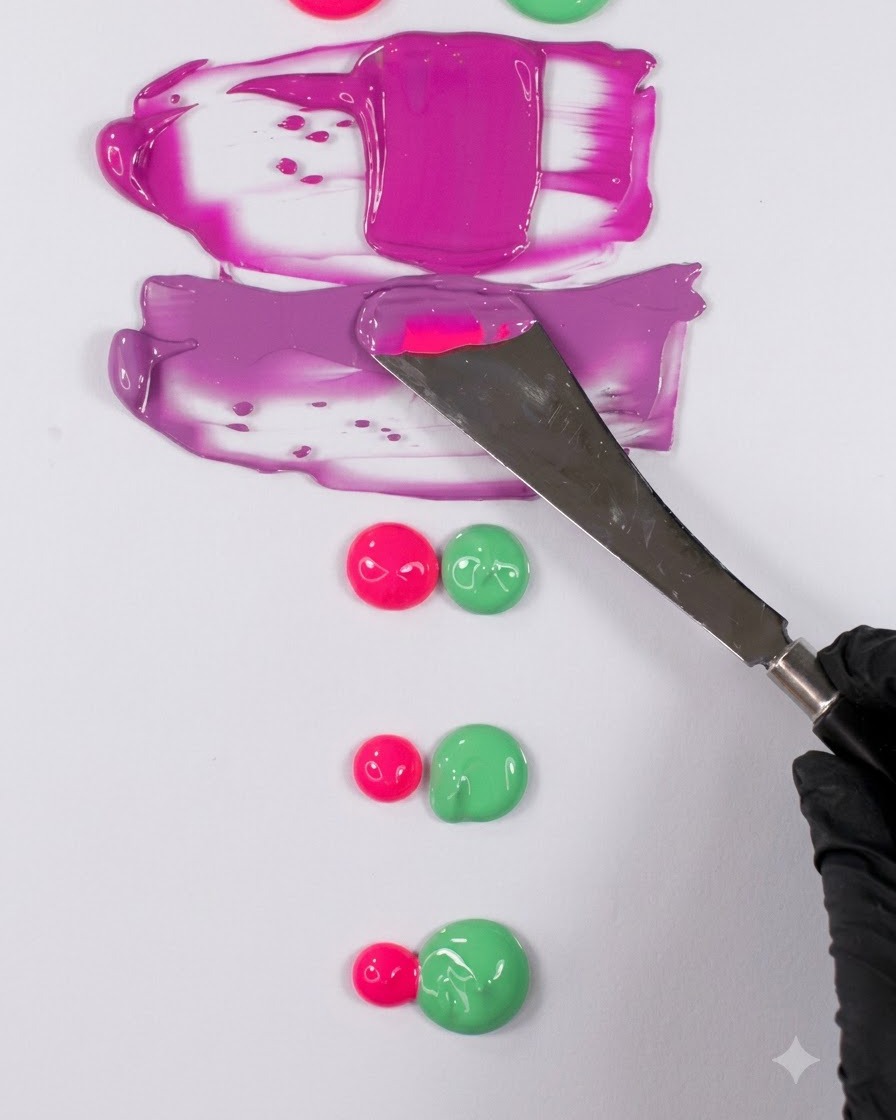 Une spatule en metal tenue au-dessus dune palette blanche avec les echantillons magenta et rose precedents affiches en bas.