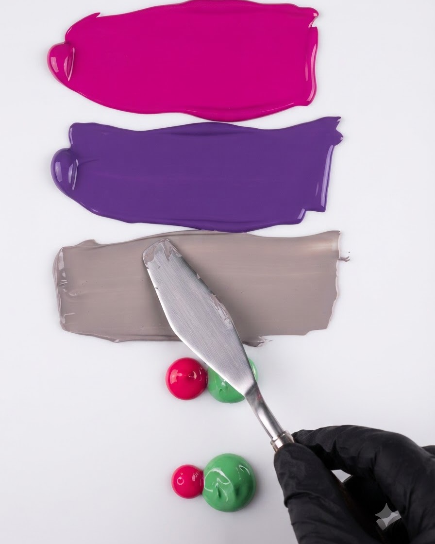 Gros plan dune main gants tenant une spatule en metal posee sur une surface blanche propre avec les echantillons de couleur precedents au-dessus.