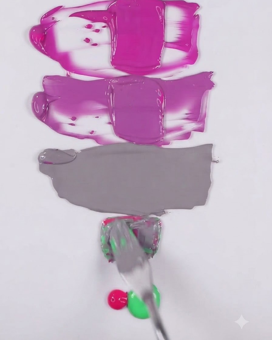 Une spatule en metal melangeant une nuance de gel gris taupe sur une surface blanche sous les echantillons de violet et de rose precedents.