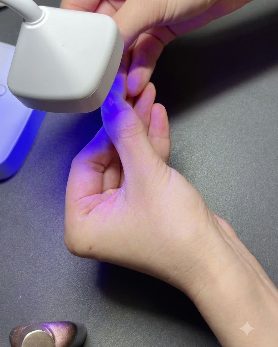 Une lampe UV blanche portable polymérisant une capsule dongle en gel transparent sur un doigt sous une lumière violette.