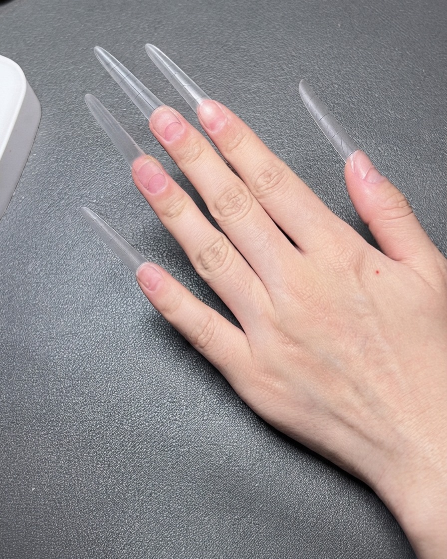 Une main tenant un coupe-ongles au-dessus de longues extensions dongles transparentes pour couper leur longueur.