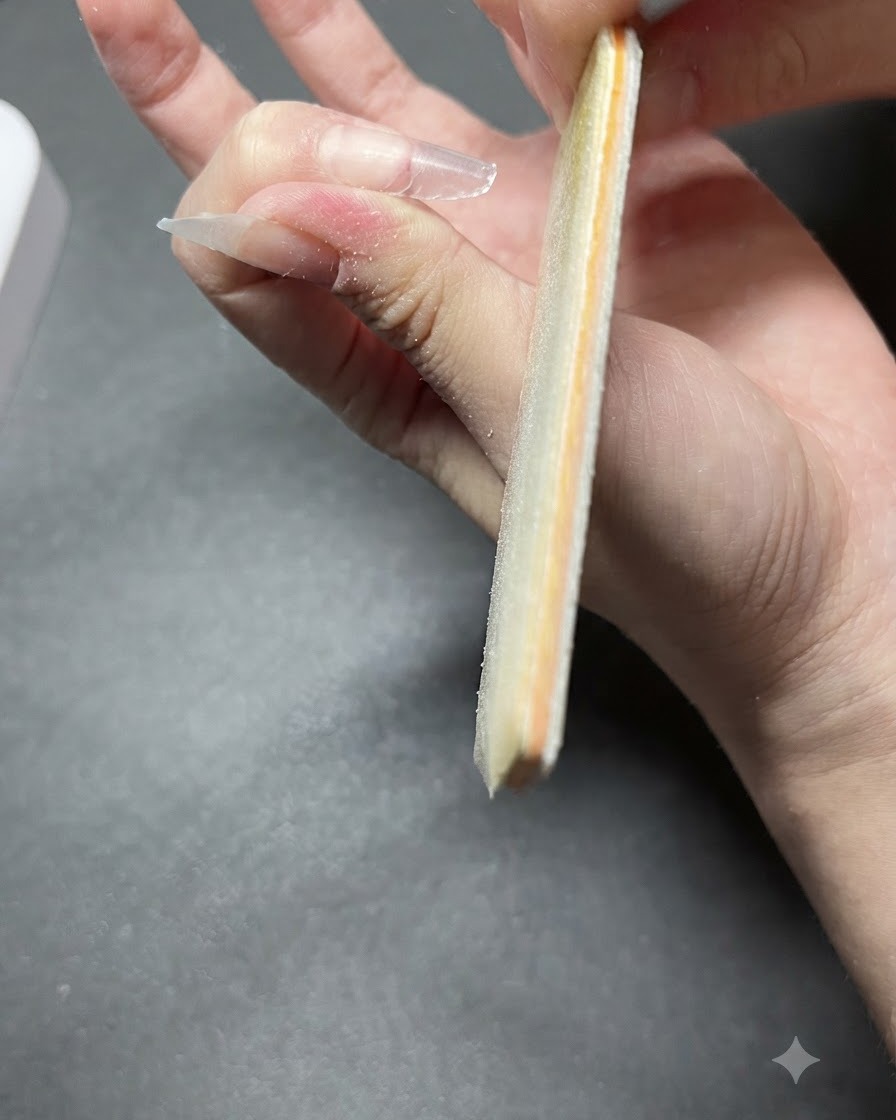 Une vue rapprochée dune lime à ongles grossière modelant et façonnant le bord dune extension dongle.