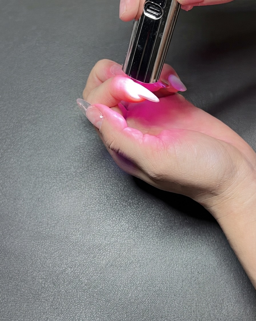 Une lampe UV portable tenue au-dessus dun seul ongle émettant une lumière de polymérisation violette vive.
