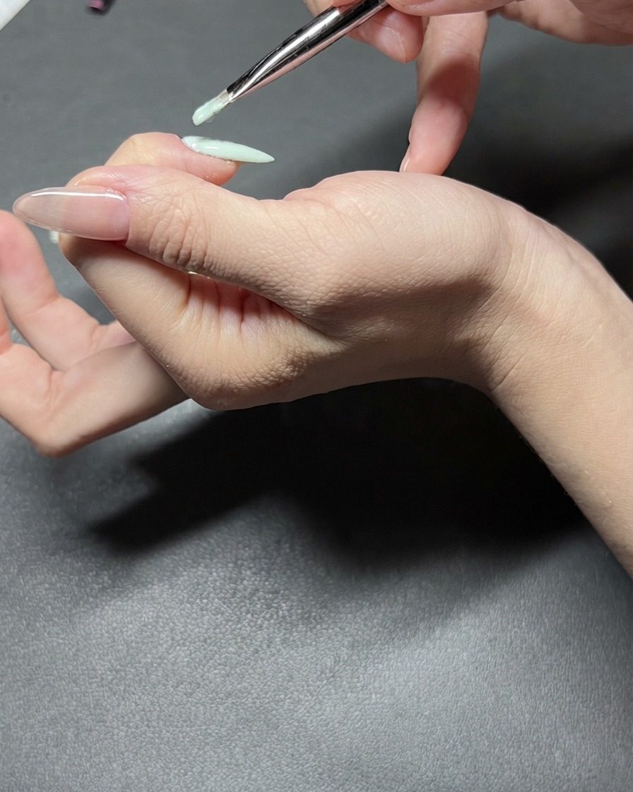 Une vue détaillée dun pinceau à ongles appliquant précisément du vernis gel vert menthe sur un ongle dindex.