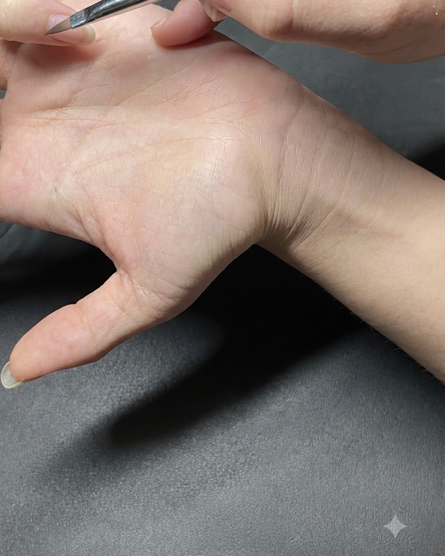 Un outil à pois plaquant de petits points vert menthe sur un ongle manucuré.